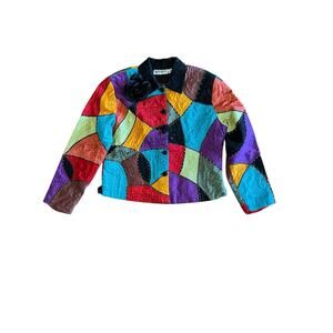 Ladies Multicolor Jacket Anage Size Large Button Up With Black Flower Pin